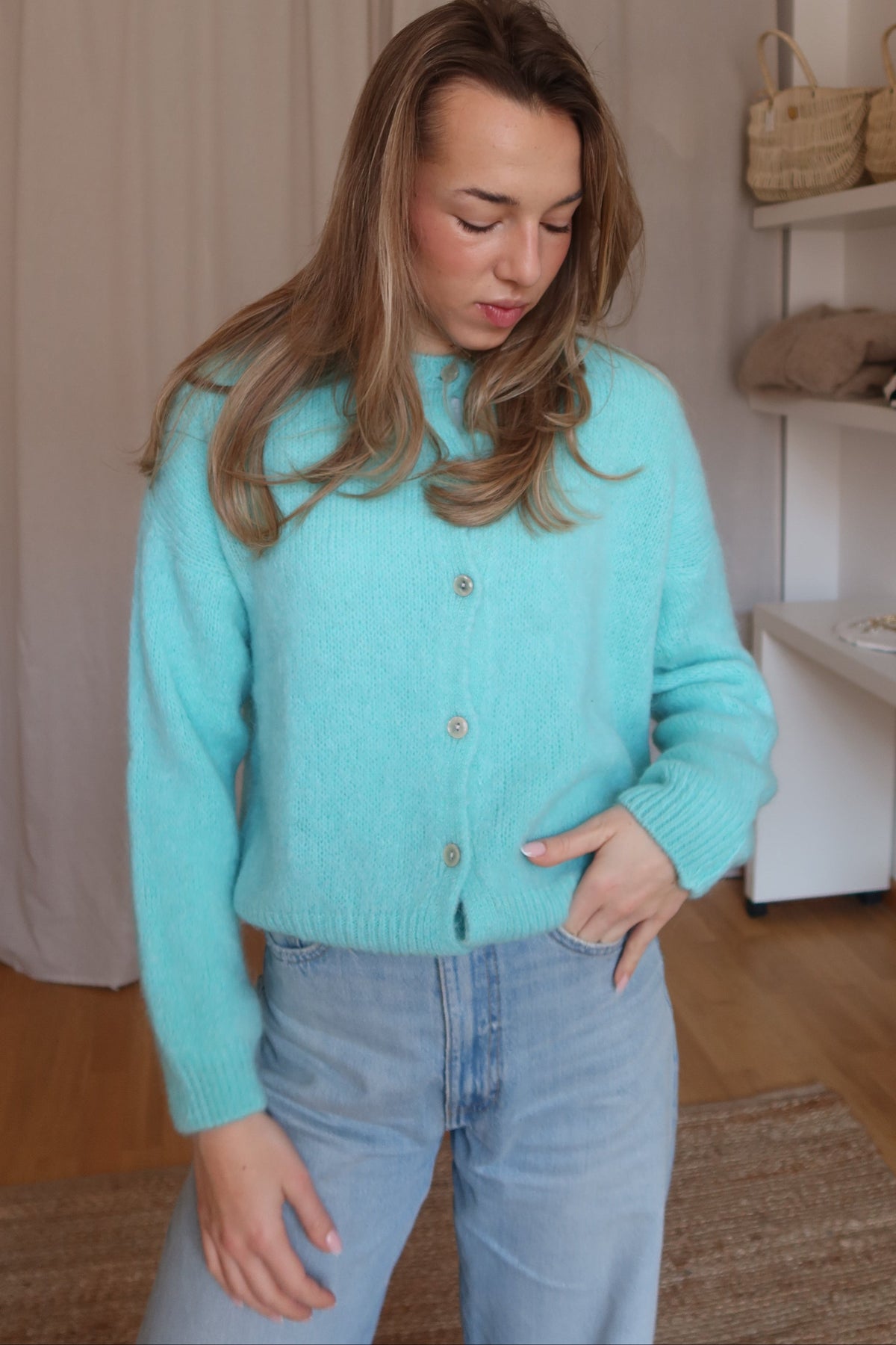 CAMI alpaka cardigan - lagunová modrá