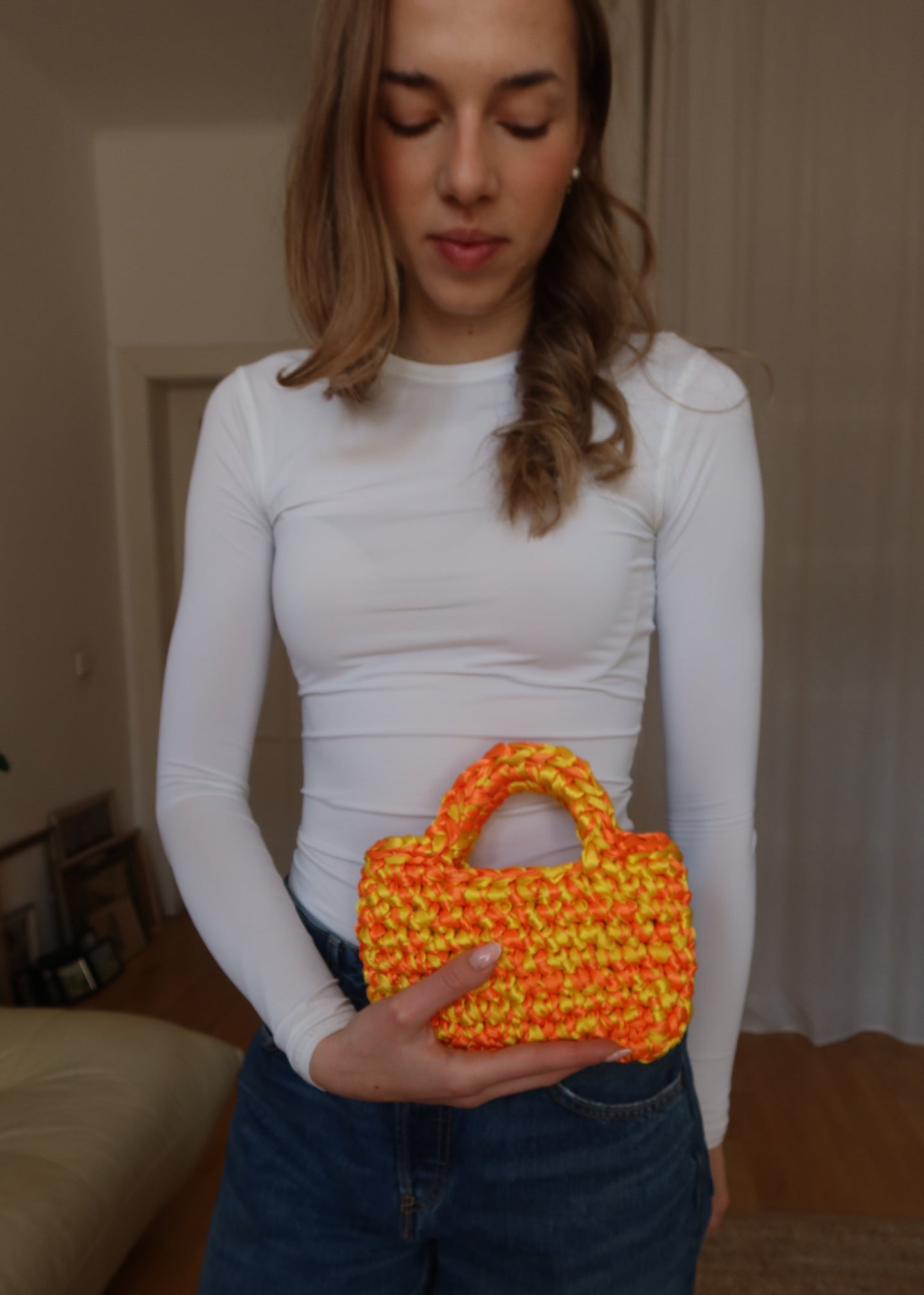 Crochet mini košík - žluto/oranžový
